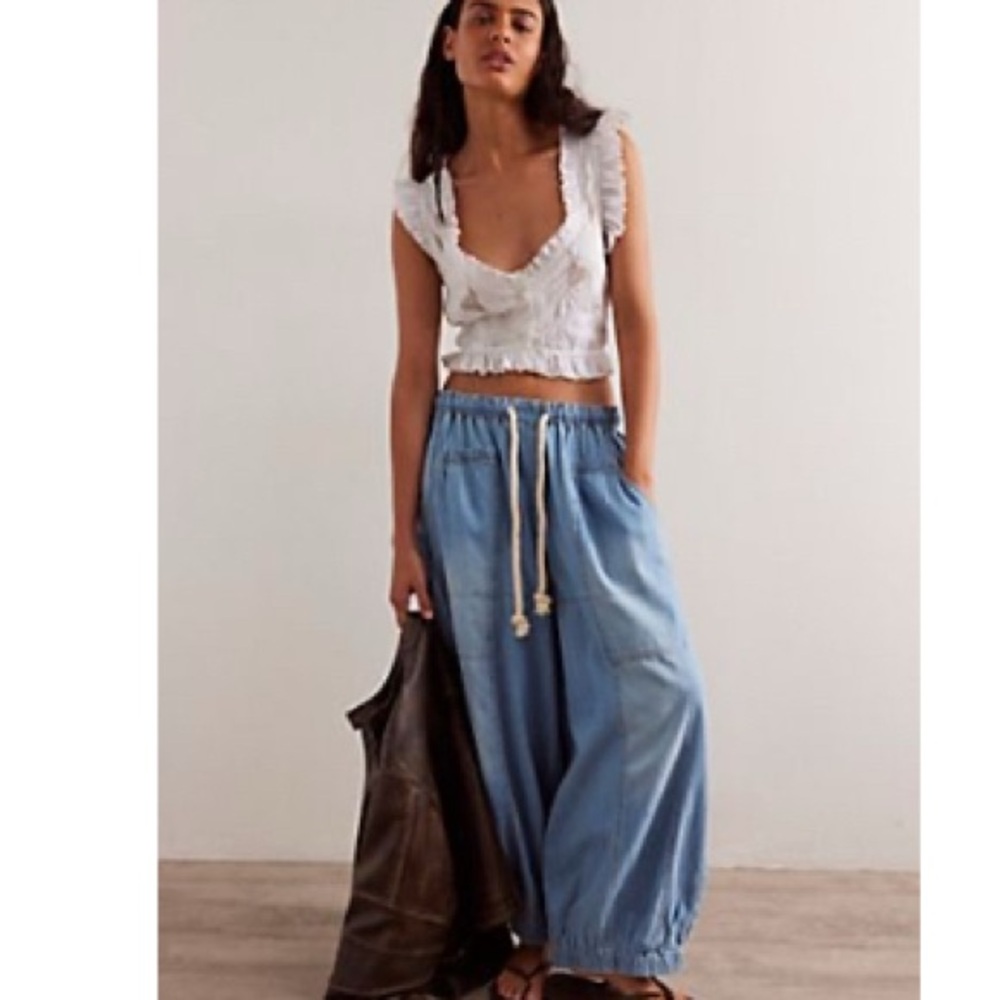 We the Free People Seasons Pull On Light Blue Wide-Leg Pants with Drawstring